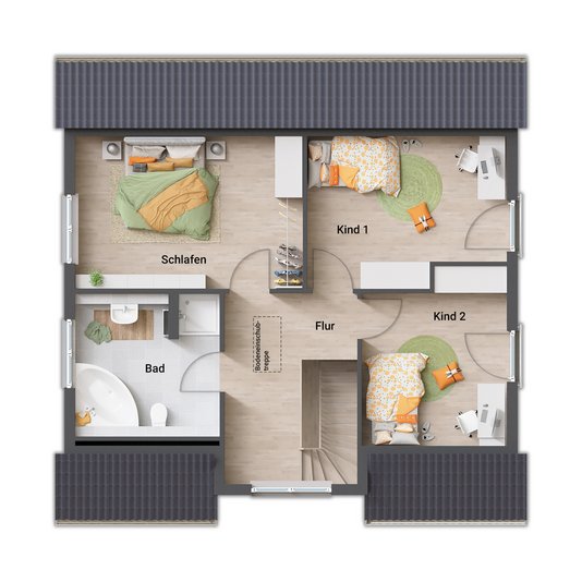 Flair 134 Dachgeschoss Grundrissvariante 4 mit Gaube Dachgeschoss des Flair 134 mit einer charmanten Gaube