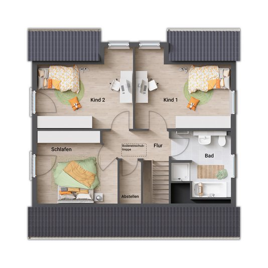 Flair 134 Dachgeschoss Grundrissvariante 3 mit Abstellraum Dachgeschoss des Flair 134 mit Abstellraum für zusätzlichen Stauraum.