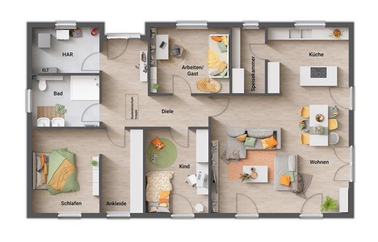 Grundrissvariante 2: Hauseingangsnische und praktische Details Die Grundrissvariante 2 bietet eine clevere Planung mit einer Hauseingangsnische, geräumiger Garderobe, direkt an der Küche gelegener Speisekammer und zwei großzügigen Schlafräumen.