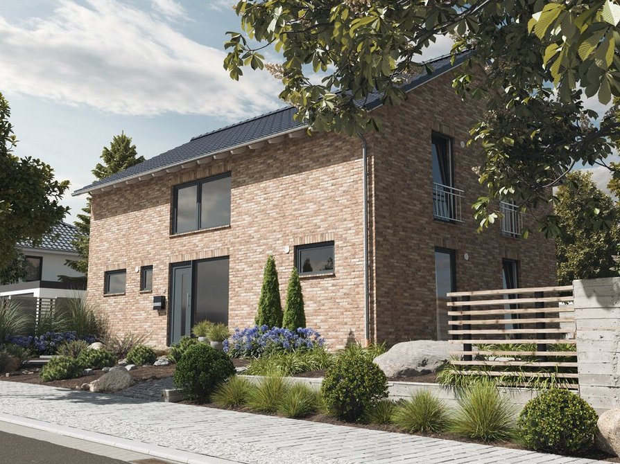 Das Einfamilienhaus Landhaus 142 Modern in Aurora Klinker bietet von der Straße aus betrachtet einen optionalen Carport, eine farbige Fassade, bodentiefe Fenster und einen Vorgarten für einladenden Charme.