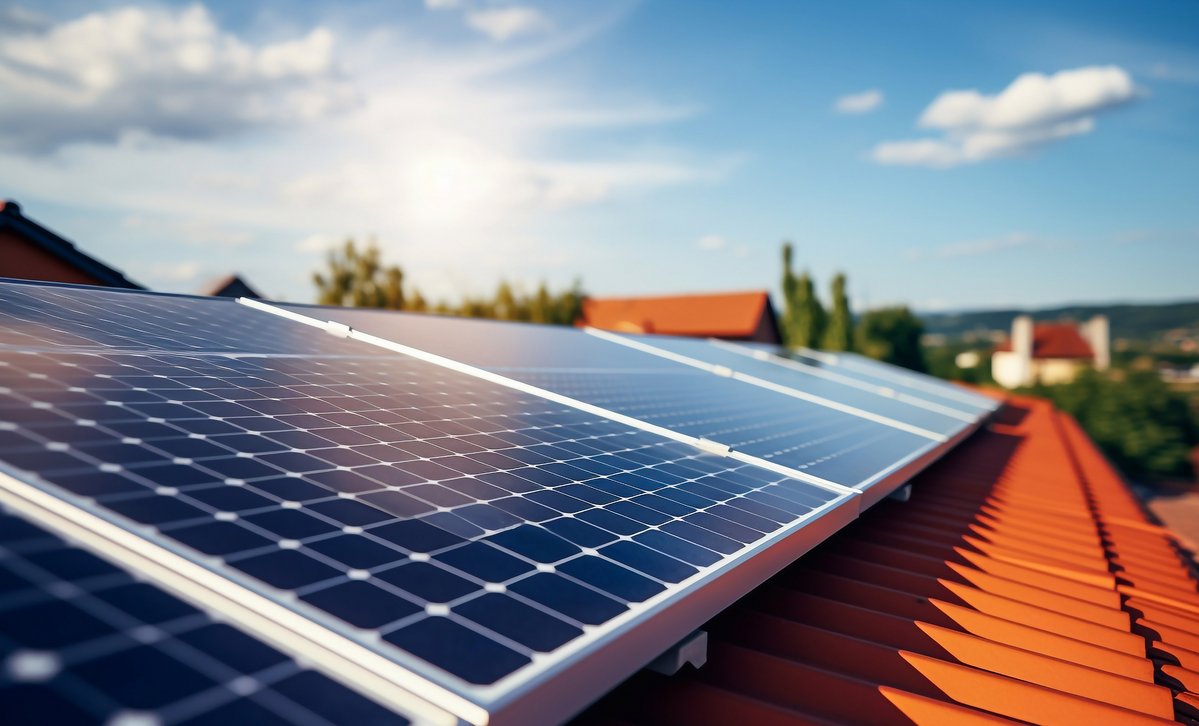 Moderne Photovoltaikanlage auf Flachdach, Symbol für nachhaltige Stromerzeugung auf dem Bungalow