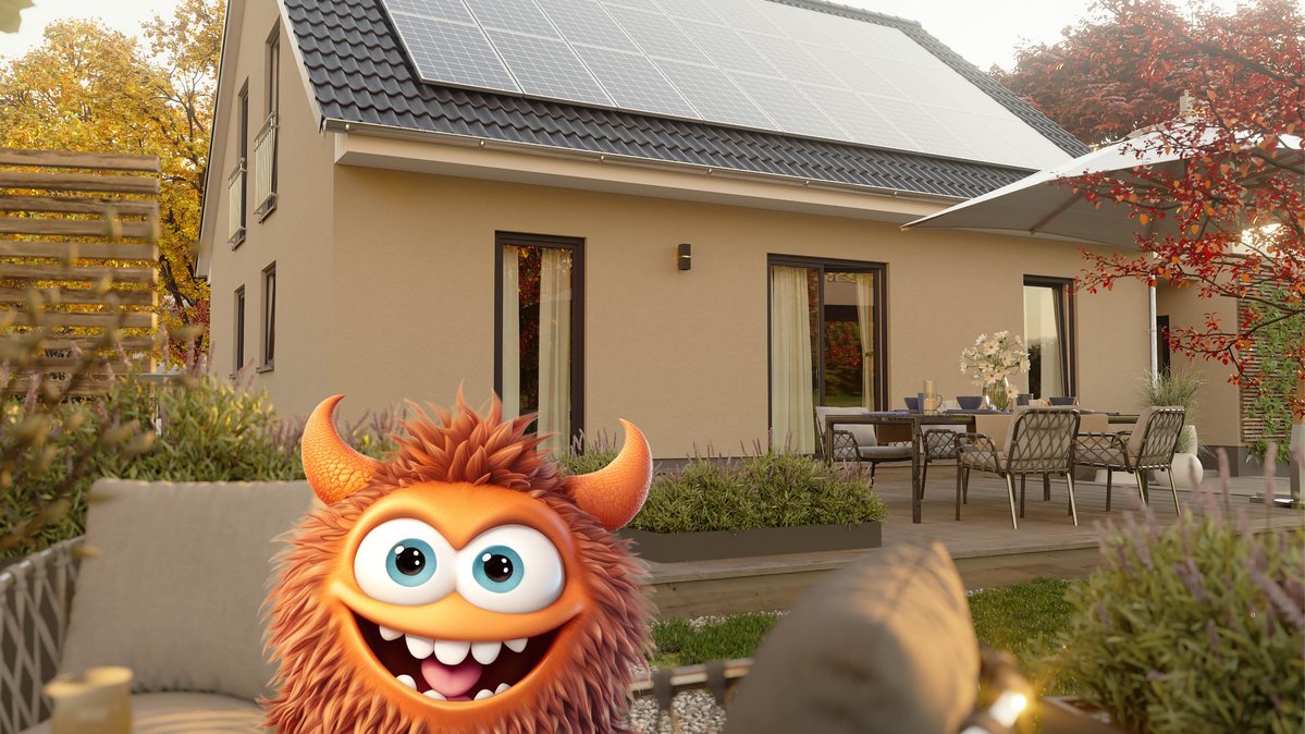 Ratenfresser Powi im Garten vom Mitwachshaus Flair 148 mit PV-Anlage auf dem Dach