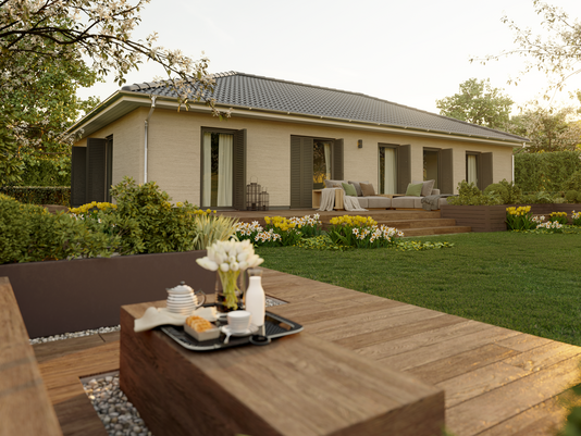 Bungalow 131: Einzigartige Variante mit Eingang von der Giebelseite Der Bungalow 131 in Variante 1 beeindruckt durch seinen Giebelseiteneingang und eine durchdachte Raumaufteilung. Diese bietet eine klare Trennung zwischen den Bereichen, eine großzügige Diele mit Garderobe und gleich große Kinderzimmer.